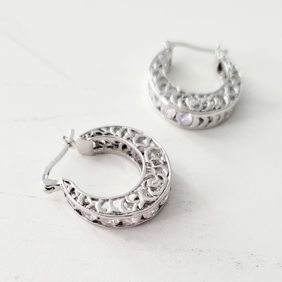 Sterling Silver Filigree/Simulated Diamond Hoops - Picture 2 of 8